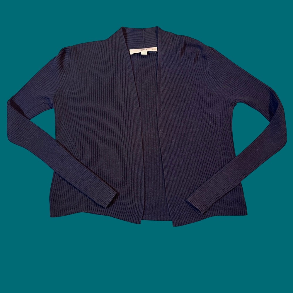 LOFT Ribbed Open Front Cardigan XSP Navy Blue Silk Blend Sweater